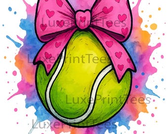 Tennis Ball with Pink Bow PNG, Cute Tennis Bow PNG, Watercolor Tennis Ball Sublimation Digital Download PNG, Girly Tennis Digital Download