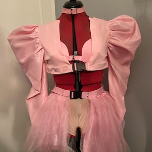 Puede incluir: Una falda de tul rosa con un top corto rosa y mangas abullonadas. El top tiene un escote en V y un detalle de hebilla negra. La falda tiene un cinturón negro con una hebilla.