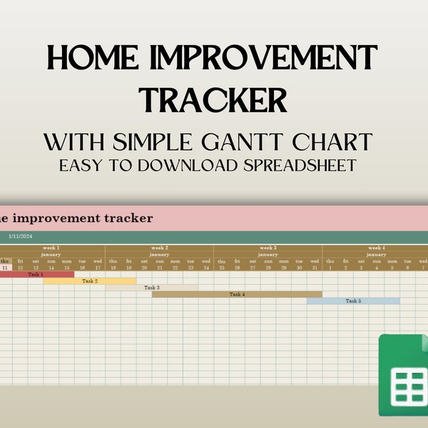 Comprehensive Home Improvement Gantt Chart Spreadsheet - Instant Download - Pink