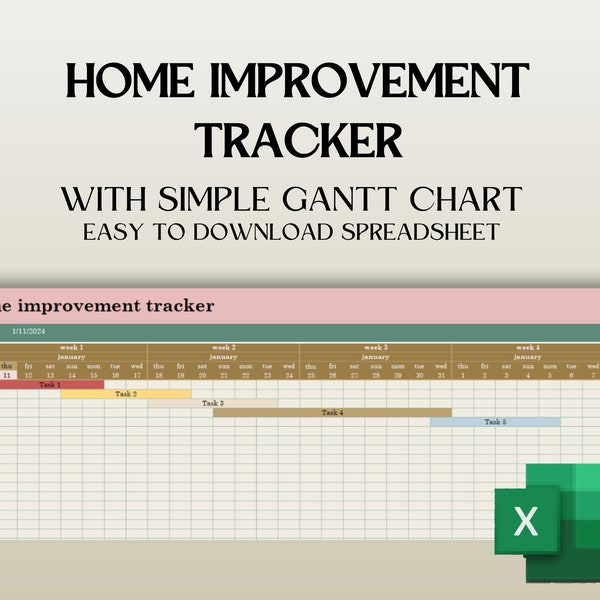 Comprehensive Home Improvement Gantt Chart Spreadsheet - Instant Download - Pink