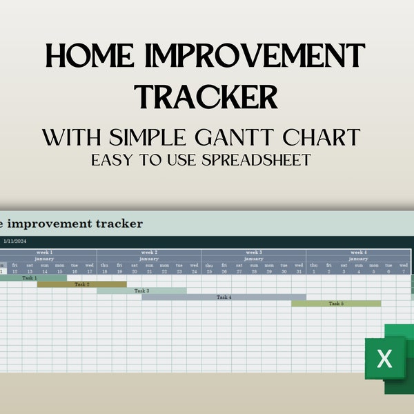 Comprehensive Home Improvement Gantt Chart Spreadsheet - Instant Download