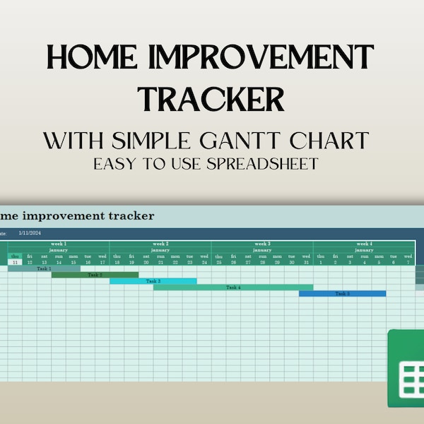 Comprehensive Home Improvement Gantt Chart Spreadsheet - Instant Download - Blue