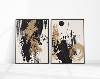 Abstract Wall Art, Black and Gold Mid Century Modern Pair of 2 Prints, Geometric Hallway Print, Living Room Wall Decor Abstract Oil Painting