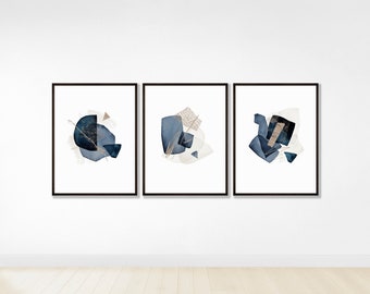 Abstract Wall Art, Watercolour Shapes Printable Wall Decor, Navy Gold Set of 3 Prints, Geometric Print Set, Modern Abstract Art Download