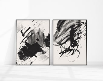 Abstract Wall Art, Black Ivory Brush Strokes, Textured Modern Wall Art, Black Abstract Print Set of 2, Modern Wall Decor, Abstract Painting