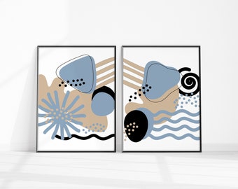 2 Piece Abstract Shapes Art Poster Print, Blue Beige Black Modern Printable Wall Art, Instant Download, Large Contemporary Abstract Decor