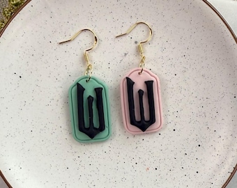 Wicked Inspired Earrings Handmade from Polymer Clay, Pink and Green W for Good Dangles
