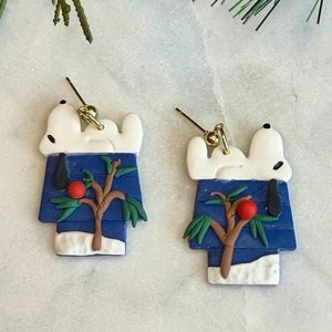 Sleeping Dog Christmas Earrings / Handmade Polymer Clay / Lonely Christmas Tree with Ornament Dark Blue House Sleeping Dog