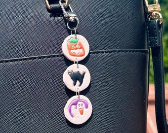 Halloween Sugar Cookie Keychain, Polymer Clay Bag Charm, Pumpkin Cat Ghost
