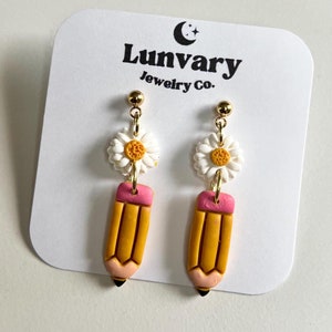 Floral Pencil Dangle Earrings: Handmade Polymer Clay, Hypoallergenic