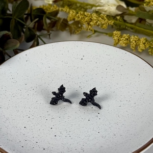 Black Glitter Dragon Stud Earrings: Handmade Polymer Clay