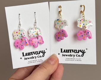 Frosted Animal Cracker Earrings: Handmade Polymer Clay Cookie Jewelry, single or double stack dangles