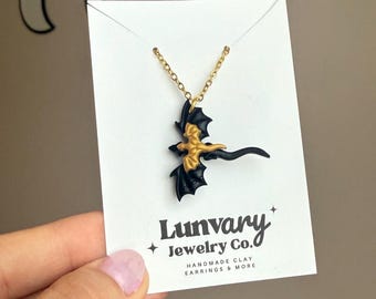 Black and Gold Dragon Necklace: Handmade Polymer Clay Fantasy Charm, Gold or Silver Chain, Fourth Wing Inspired Romantasy Gifts Book lovers
