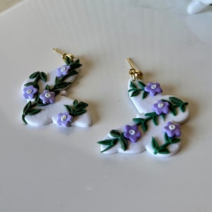 Floral Butterfly Earrings Handmade Polymer Clay, White Purple Floral Butterfly Earrings, Butterfly, Floral Butterfly Dangles, gold or silver