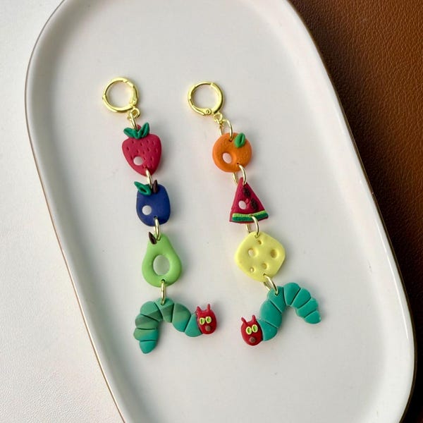 Hungry Caterpillar Fruit Food Earrings Handmade from Polymer Clay, Teacher Gifts Back to School Jewelry, book week unique dangle earrings