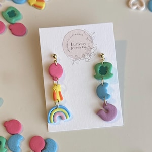 Lucky Marshmallow Charms Earrings, St. Patrick’s Day Dangle Earrings, Handmade Clay Earrings Dangles, Gold or Silver, Lucky Charm Dangles