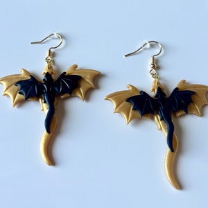 Black and Gold Dragon Earrings: Handmade Polymer Clay Fantasy Dangles