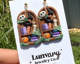 Brincos de estante de Halloween: pingentes de argila de polímero feitos à mão, assustadores Cottagecore