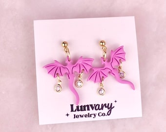 Pink Dragon Valentine Earrings Handmade from Polymer Clay, Fantasy Jewelry