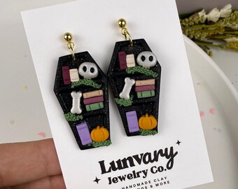 Coffin Bookshelf Earrings: Spooky Polymer Clay Dangles - Halloween Witchy Jewelry