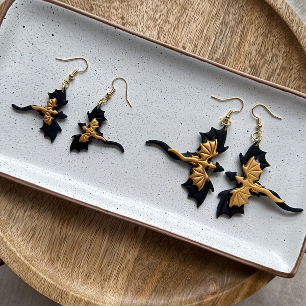 Handmade Black and Gold Dragon Earrings: Polymer Clay Jewelry