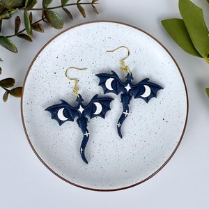 Celestial Dragon Earrings Handmade from Polymer Clay / Blue-black glitter dragon / Gold or Silver / Bookish Romantasy Booklover jewelry