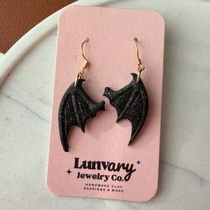 Bat Wing Fantasy Earrings: Black Glitter Wings Handmade Polymer Clay Dangles