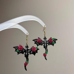 Handmade Glitter Dragon Earrings: Floral Polymer Clay Jewelry