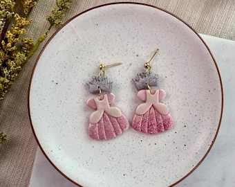 Good Witch Dress Wicked Inspired Earrings Handmade from Polymer Clay, Pink Glitter Gown with Silver Crown