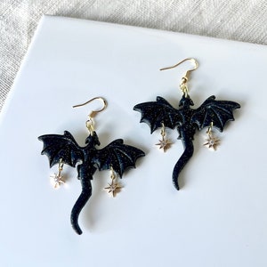 Glitter Dragon Dangle Earrings: Clay Fantasy Celestial Jewelry