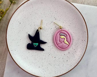 Good Bad Witch Wicked Inspired Earrings Handmade from Polymer Clay, Whimsical Dangle Jewelry
