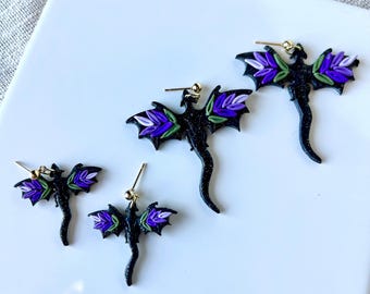 Floral Dragon Earrings Handmade Polymer Clay: Sparkly Black and Purple Fantasy Jewelry