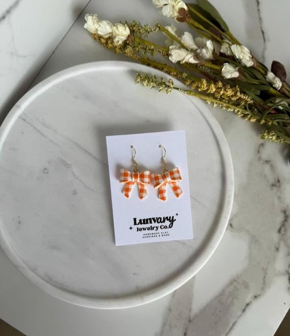 Orange and White Gingham Bow Dangle Earrings Handmade Polymer Clay, Game Day Football Accessories, Orange Bow Earrings, Puffy Bows