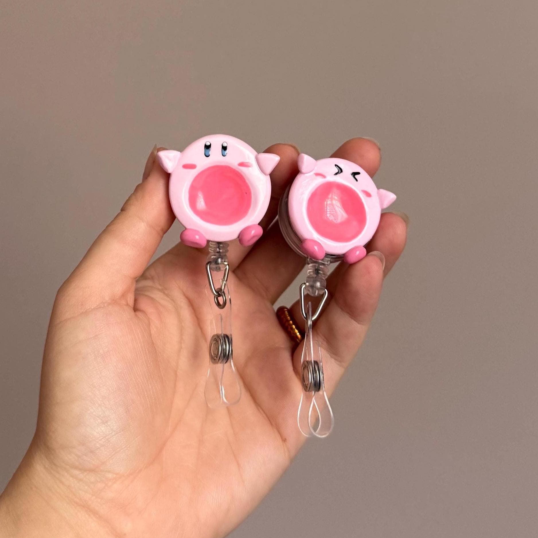 Pink Blob Worry Stone Badge Reel Handmade Polymer Clay, Video Game Character Gifts