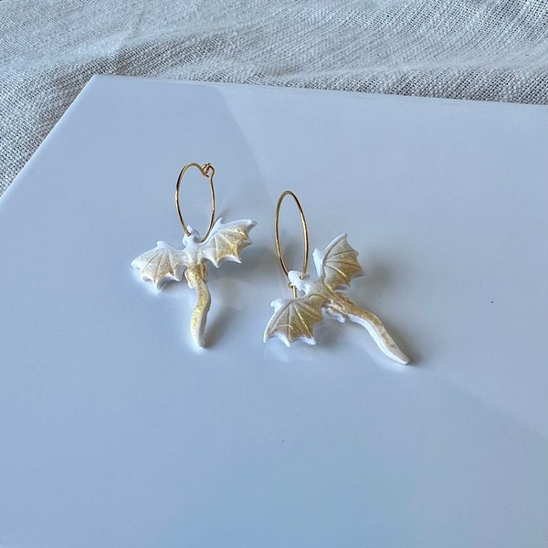 White and gold dragon earrings, mini dragons, Dragon Clay Earrings, Fantasy Earrings, Fantasy Jewelry, Dragon Dangles, Fantasy Dangles