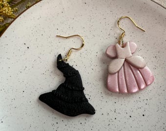 Good witch dress bad witch black hat, Wicked Inspired Earrings Handmade from Polymer Clay
