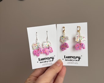 Frosted Animal Cracker Earrings: Handmade Polymer Clay Cookie Jewelry, single or double stack dangles