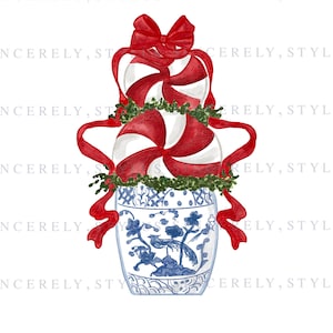 Può includere: Illustrazione ad acquerello di un vaso blu e bianco con un motivo floreale e di uccelli. Il vaso è sormontato da caramelle alla menta piperita rosse e bianche, rametti verdi e un nastro rosso. Il testo "SINCERELY, STYLUS" è ripetuto.