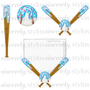 May include: A collection of baseball-themed illustrations featuring wooden bats and white baseballs covered in blue icing and pink sprinkles. The set includes a single bat, a single ball, and two arrangements of crossed bats with a baseball.