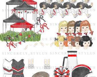 Red and Black Cheerleader Clipart Set, Watercolor Football Graphics (Digital Download)
