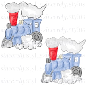 Op de afbeelding: Waterverfillustratie van een blauwe trein met een rode schoorsteen, witte rook en een kleine bel. De trein heeft een raam en een zwart wiel. De afbeelding heeft de tekst "sincerely.stylus" herhaald.