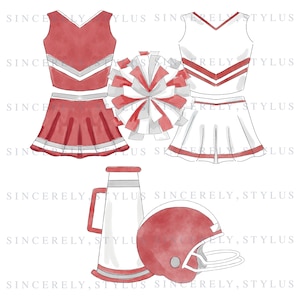 Clipart de pom-pom girl cramoisi et blanc, clipart cheer aquarelle, clipart football