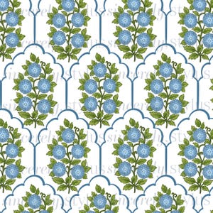 May include: A repeating pattern on a white background featuring blue floral sprigs with green leaves enclosed within blue scalloped arch outlines. The text "sincerely stylus" is repeated faintly across the design in a light gray font.