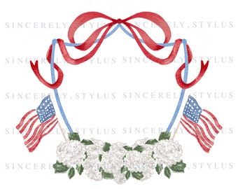 May include: Watercolor illustration featuring a patriotic design. It includes red ribbons, blue accents, American flags, and a garland of white flowers. The text "SINCERELY, STYLUS" is repeated around the border.