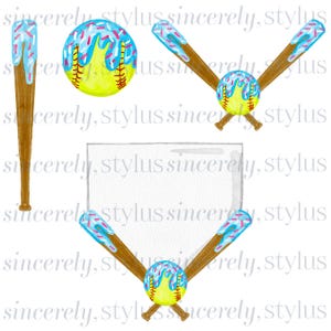 May include: A collection of watercolor illustrations featuring yellow softballs and brown wooden baseball bats covered in blue icing with pink and blue sprinkles, alongside a white home plate, all set against a repeating watermark text.