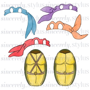 Può includere: Cinque bandane colorate con fori per gli occhi e due gusci di tartaruga gialli con cinturini marroni. Le bandane sono in tonalità di blu, viola, arancione e rosso. I gusci di tartaruga sono di colore giallo chiaro con cinturini marroni e una X marrone sul davanti.