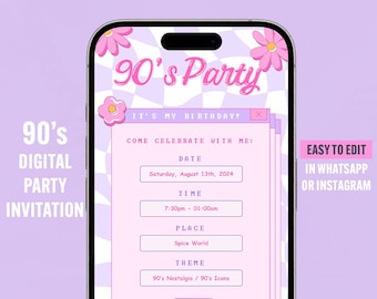 90's Party invitation | Editable on phone | 1990's 2000's themed party invite, easy edit evite, 90's theme, millennium celebration