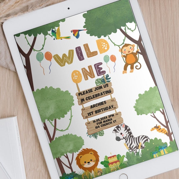 Baby party evite, Wild Ones Jungle Invite, Editable invite, 1st birthday evite, safari party, easy edit, baby party, party essentials,