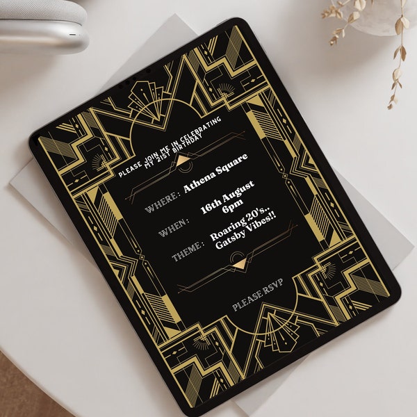 Great Gatsby Theme Party Invite, Edit on Phone, Roaring 20s Fancy Dress Soiree