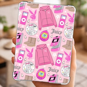 May include: A light pink tablet case featuring a repeating pattern of 2000s-themed icons including pink zip-up hoodies, pink music players, flip phones, tan boots, compact discs labelled 2000s Mix, bunny silhouettes, and the word Juicy in silver.